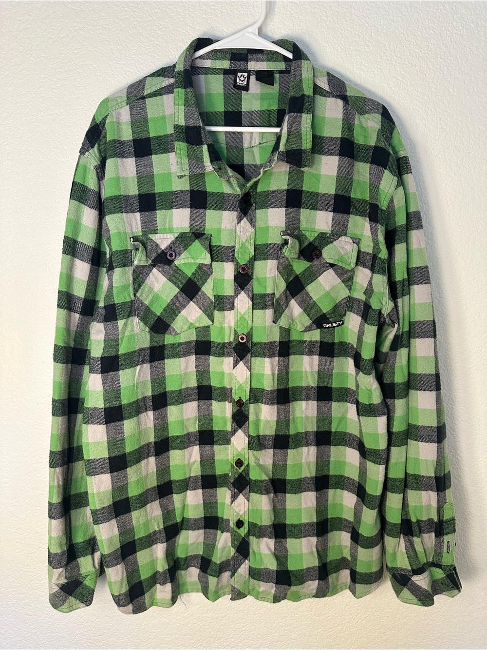 Rusty Mens 2XL Green Black Plaid Flannel Button Up Shirt